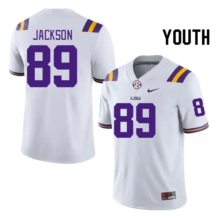 Youth LSU Tigers CJ Jackson #89 White NCAA Football Jersey